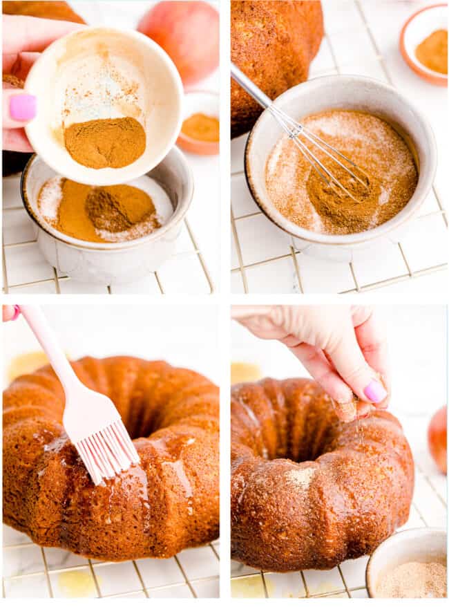 An apple spice cake being covered with cinnamon sugar.