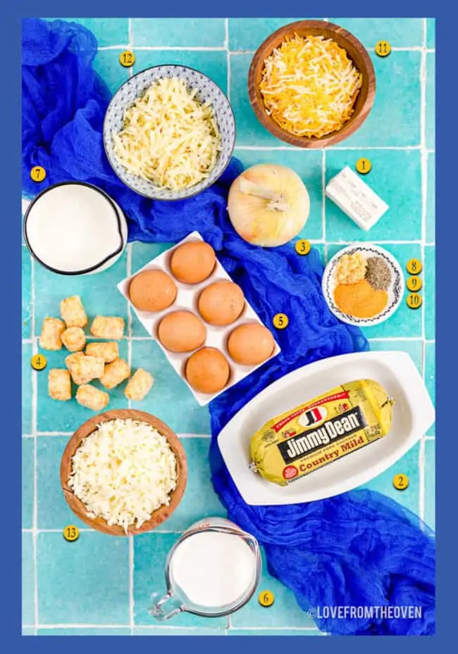 The ingredients to make a breakfast casserole with sausage and tater tots.