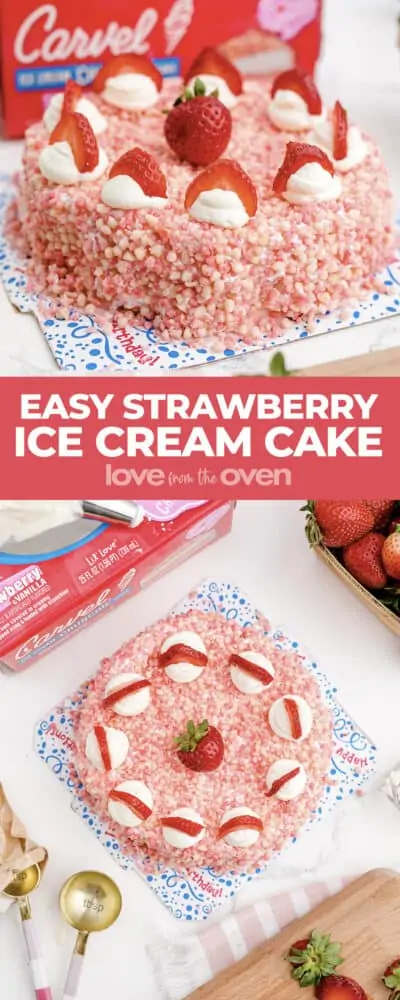 Photos of a strawberry ice cream cake.