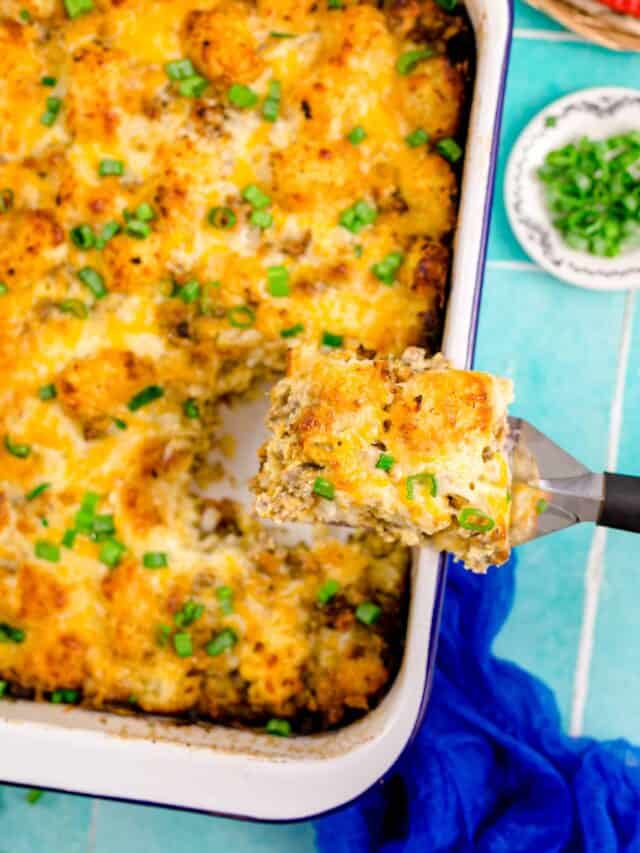 A breakfast casserole being served