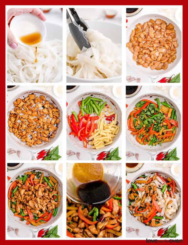 Photos showing how to make drunken noodles.