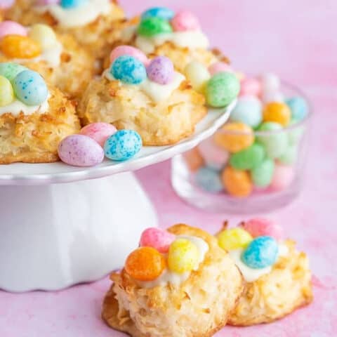 Coconut Easter Cookies on a pink background.