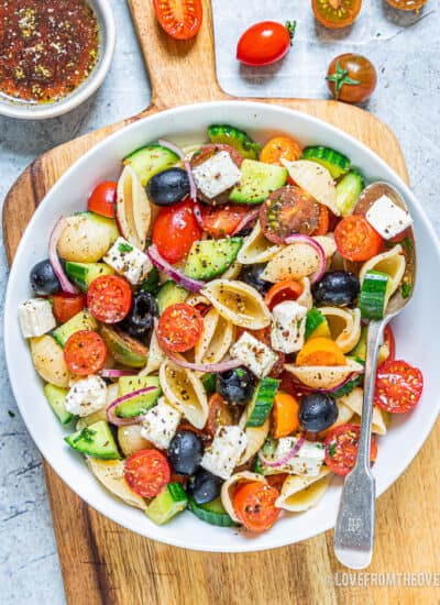 A bowl of Greek pasta salad.