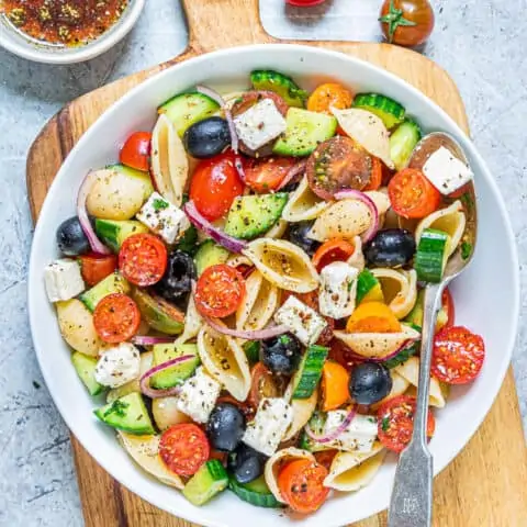 A bowl of Greek pasta salad.