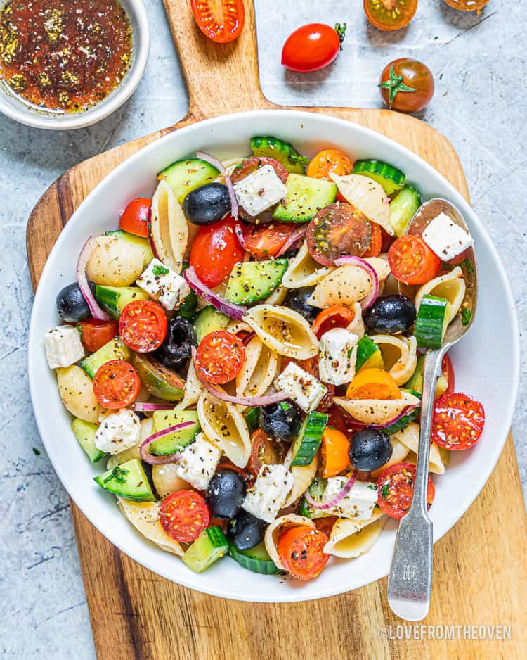A bowl of Greek pasta salad.