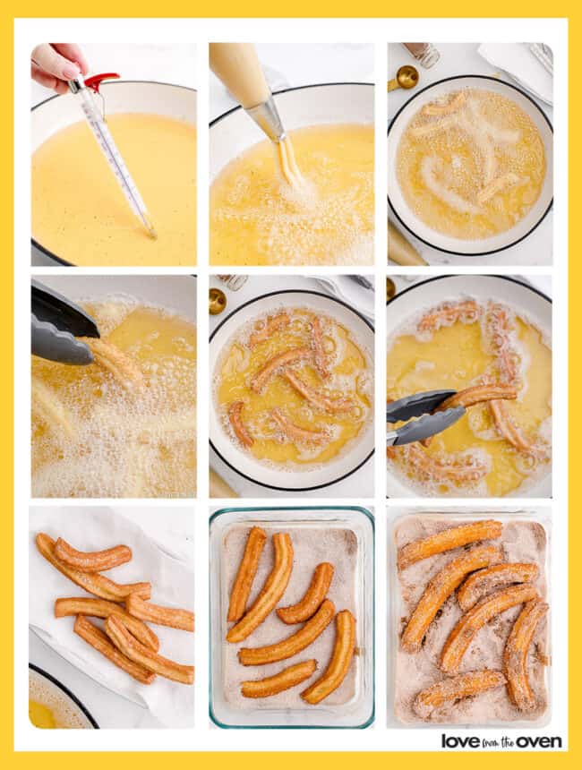 Step by step photos showing how to make churros.