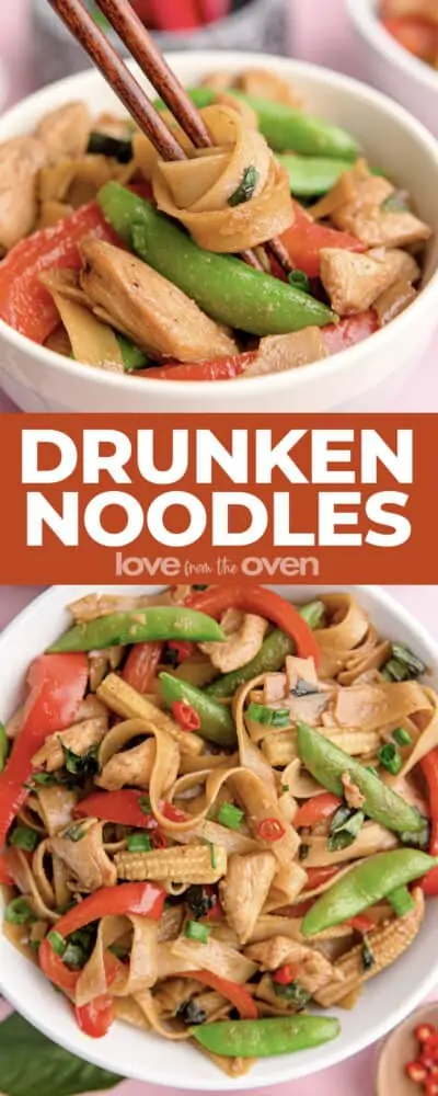 Photos of bowls of Thai drunken noodles.