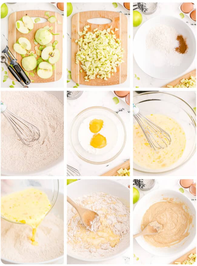 Step by step photos showing how to make apple fritters.