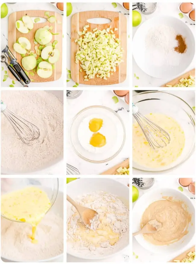 Step by step photos showing how to make apple fritters.