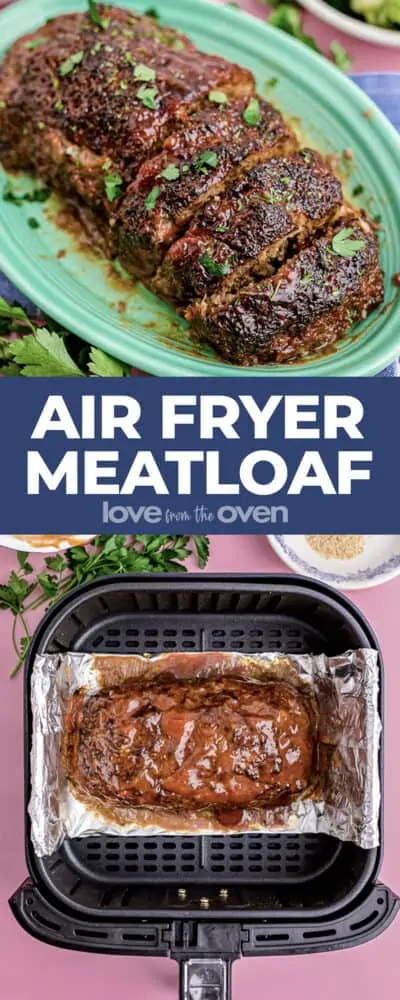 A plate with a meatloaf and a meatloaf in an air fryer.