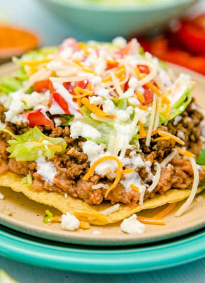 A close up of a tostada.