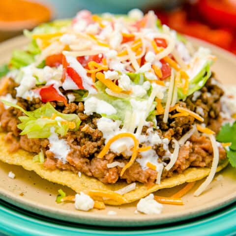 A close up of a tostada.