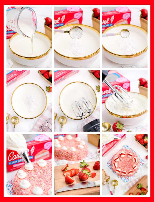 photos showing how to make a strawberry ice cream cake.