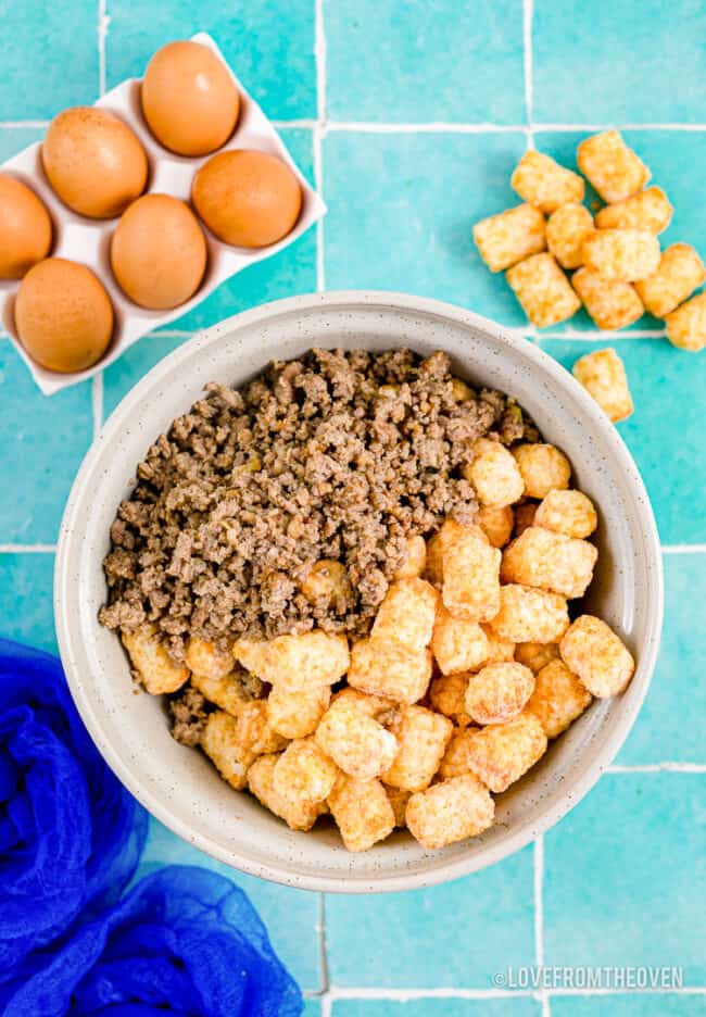 ingredients for a tater tot and sausage casserole