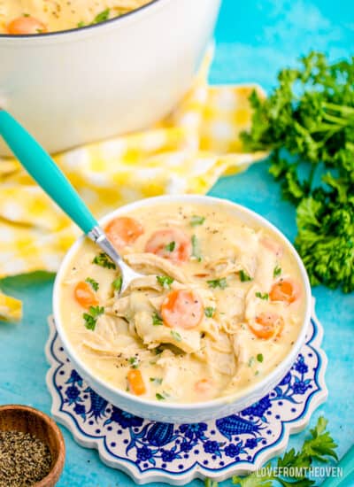 a bowl of chicken and dumplings with tortillas