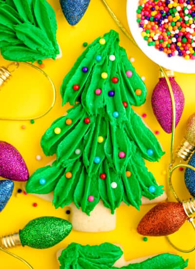 a close up photo of a Christmas tree sugar cookie.