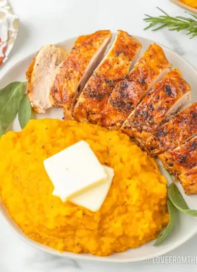 A plate of mashed butternut squash and turkey.