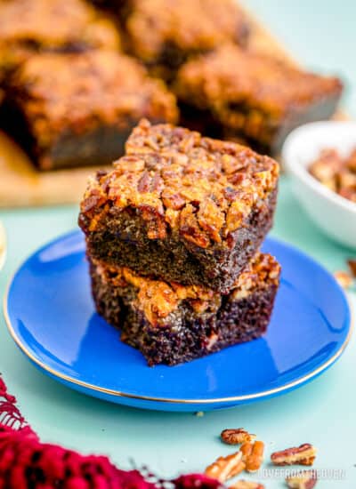 A stack of pecan pie brownies.