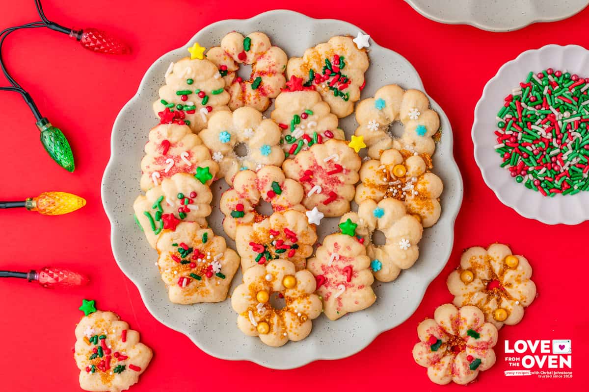 Decorated Spritz Cookies on a plate