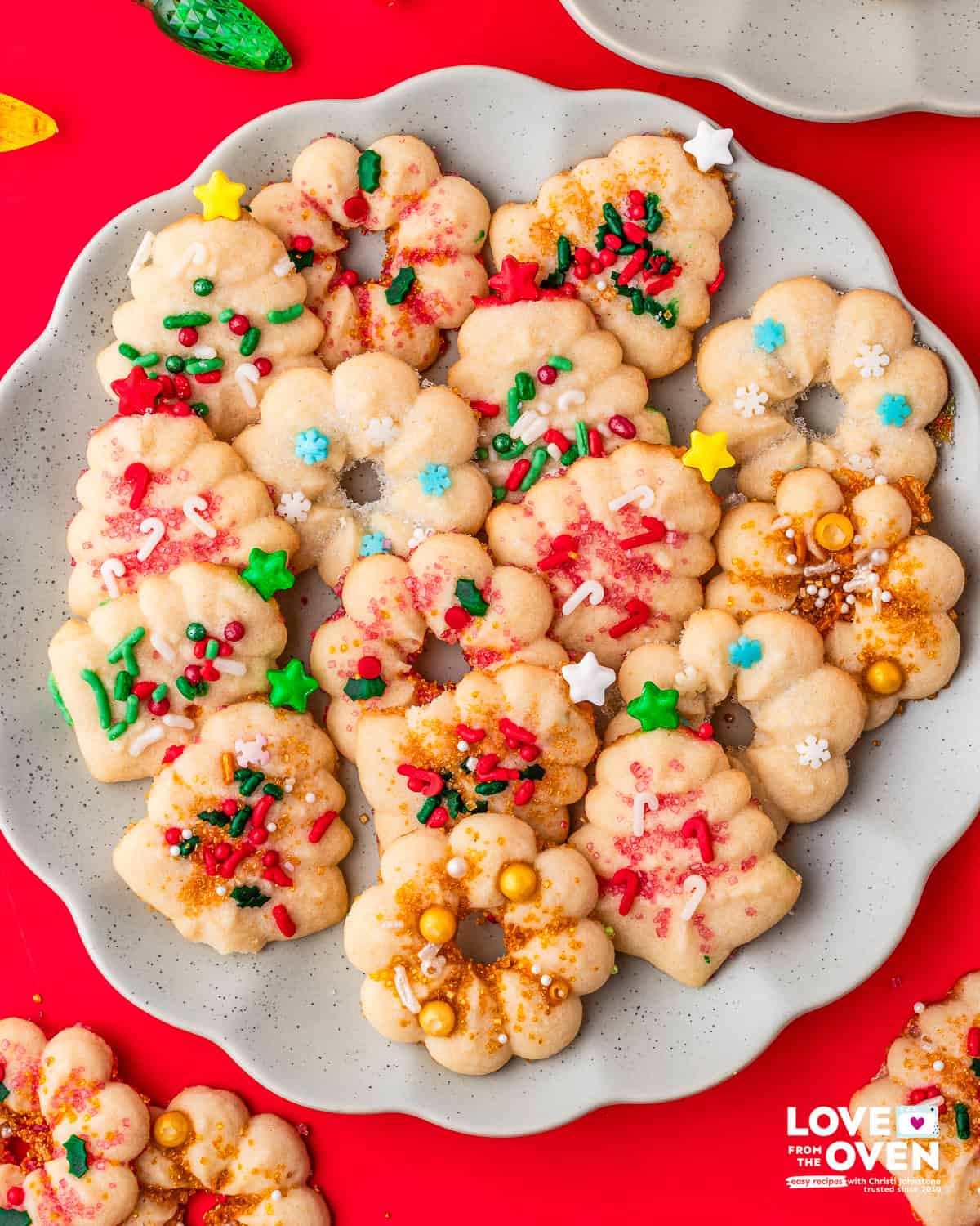 Decorated Spritz Cookies on a plate