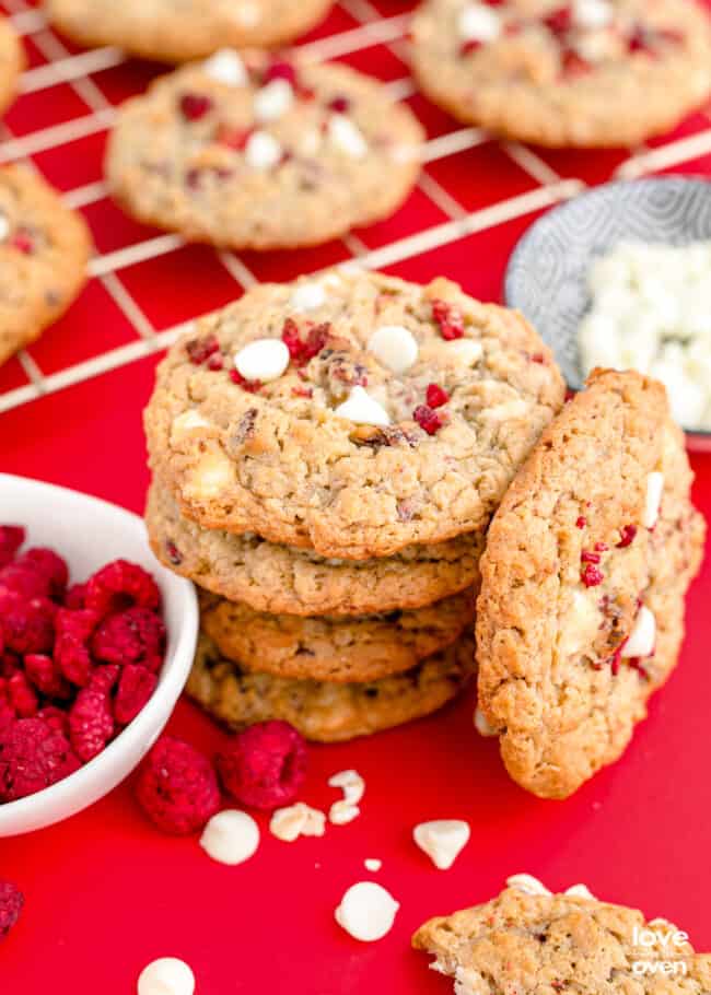 A stack of white chocolate raspberry cookies