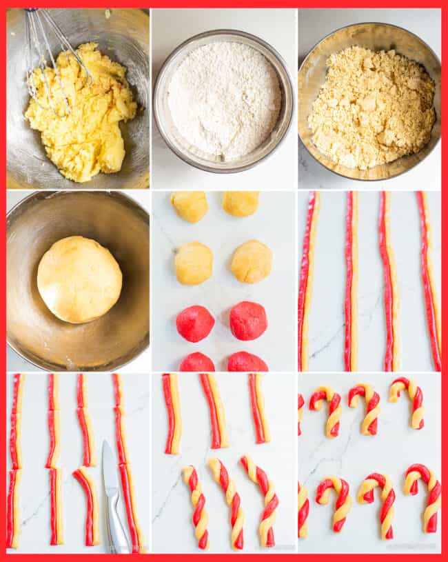 Step by step photos showing how to make candy cane cookies