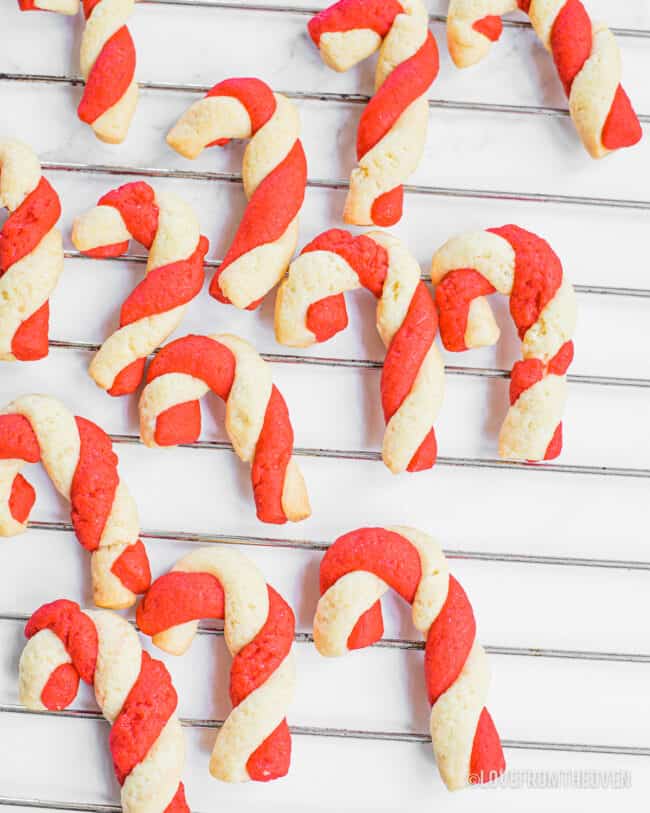 Candy cane cookies on a wire rack