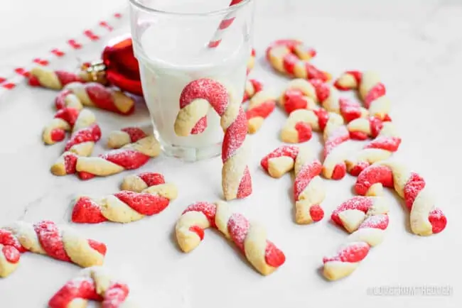 Candy cane cookies and a glass of milk
