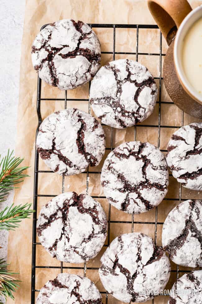 Chocolate crinkle cookies on a wire cooking rack