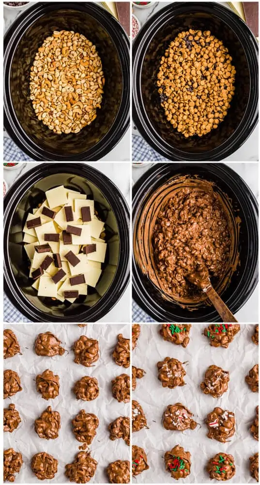 Step by step photos showing how to make crockpot peanut clusters
