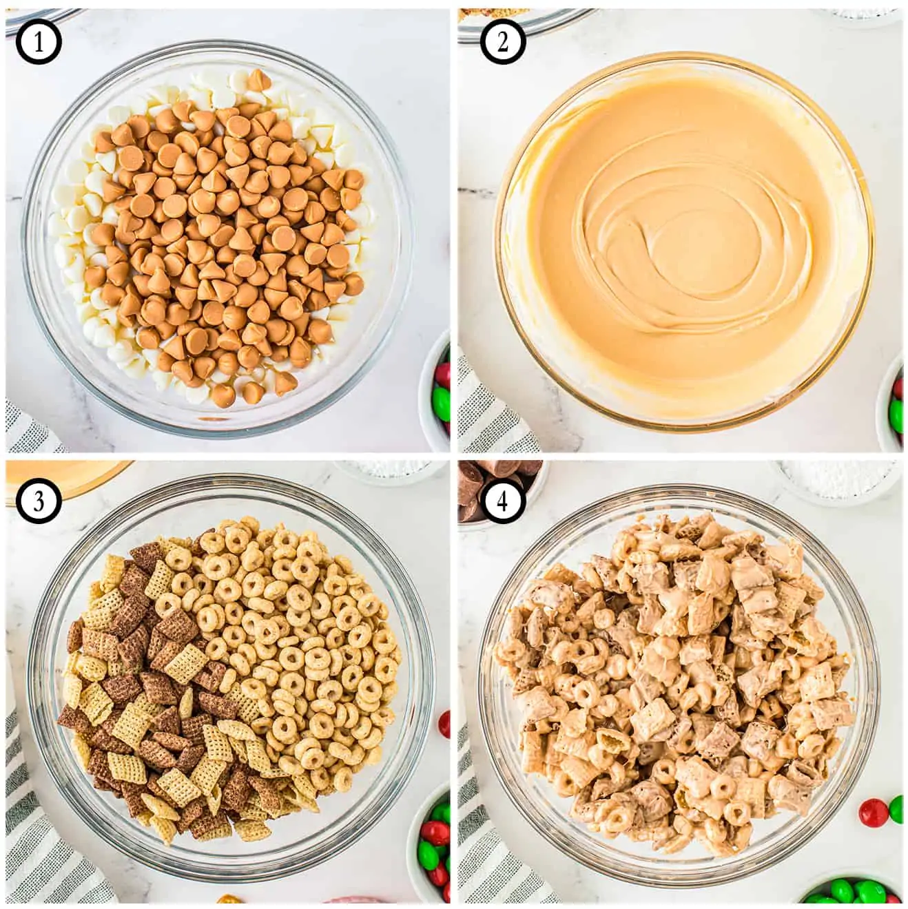 step by step photos showing how to make a christmas chex mix