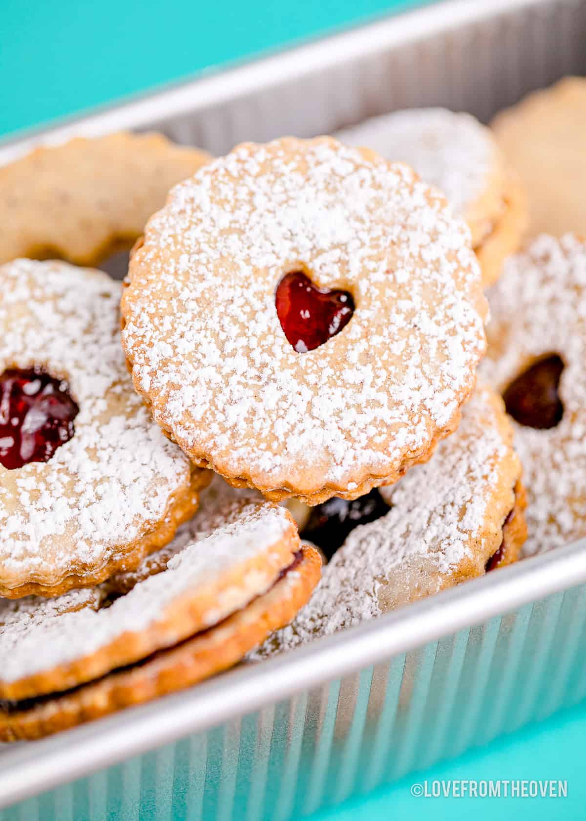 Linzer cookies in a tray