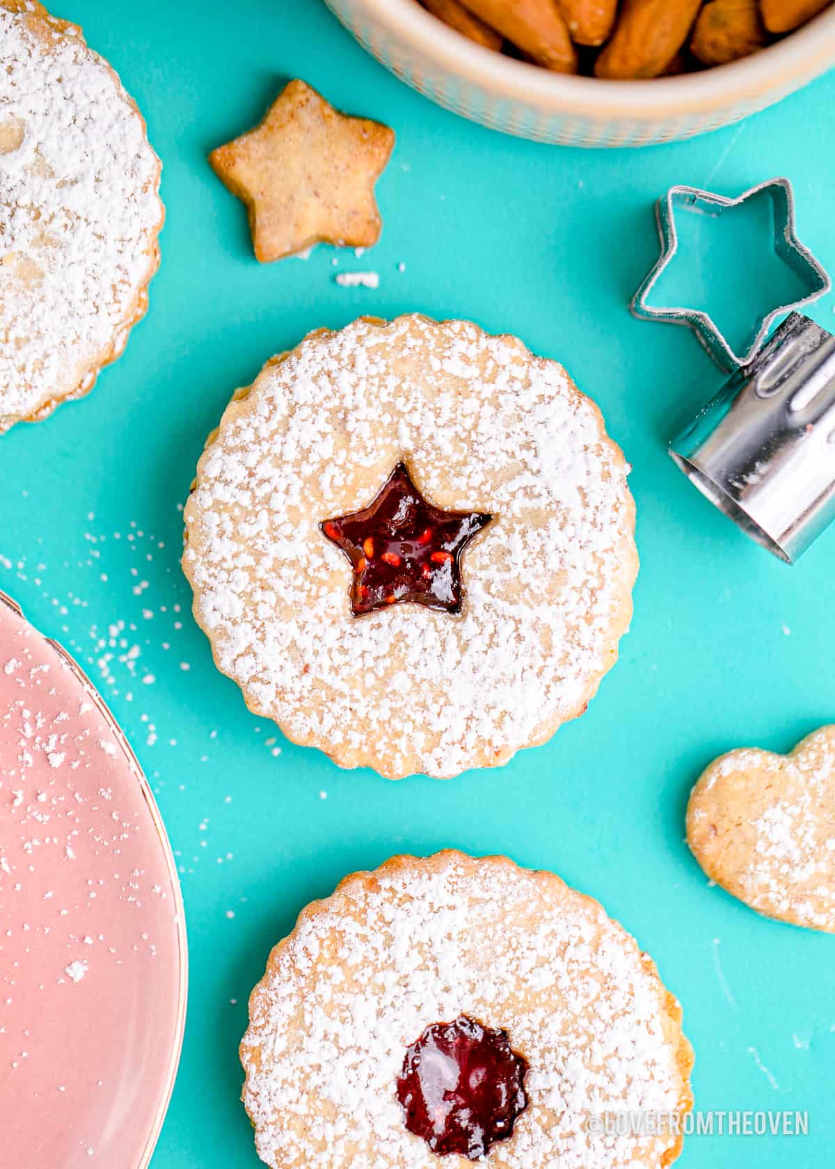 Linzer cookies on a blue background