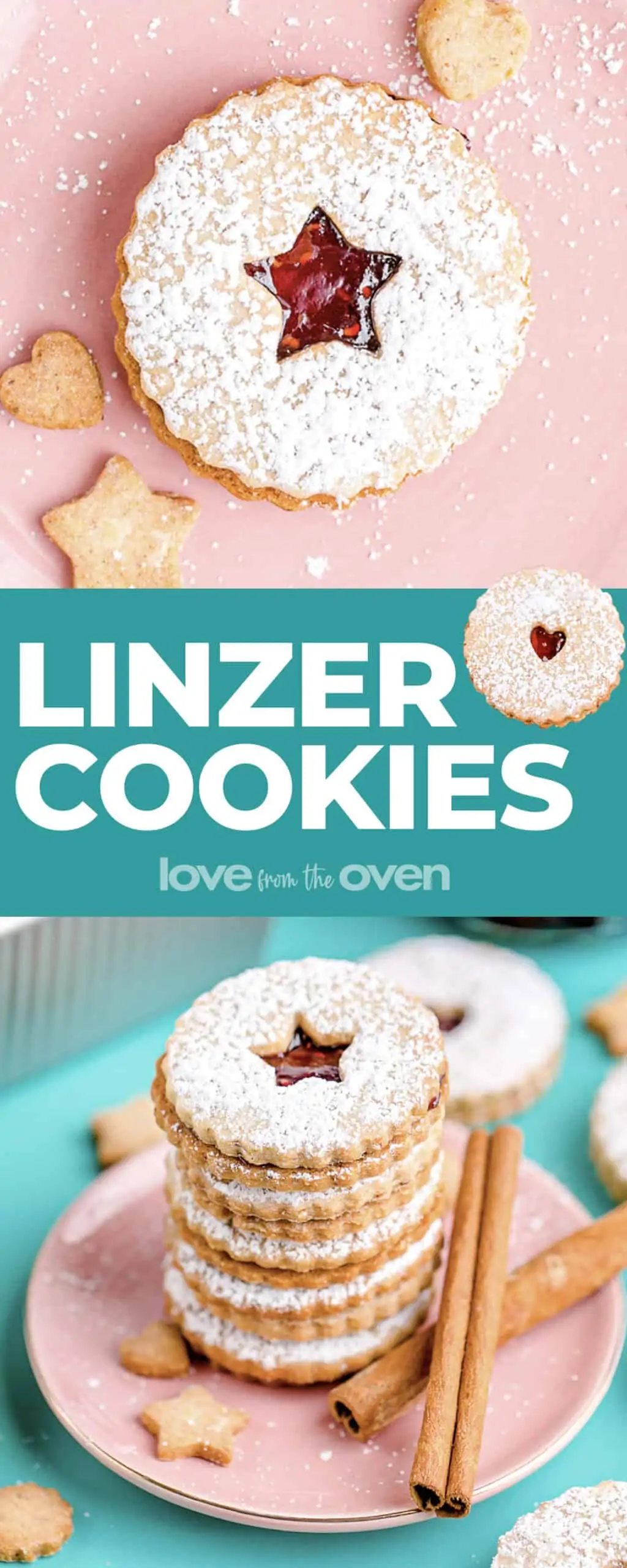 Linzer cookies on blue and pink backgrounds
