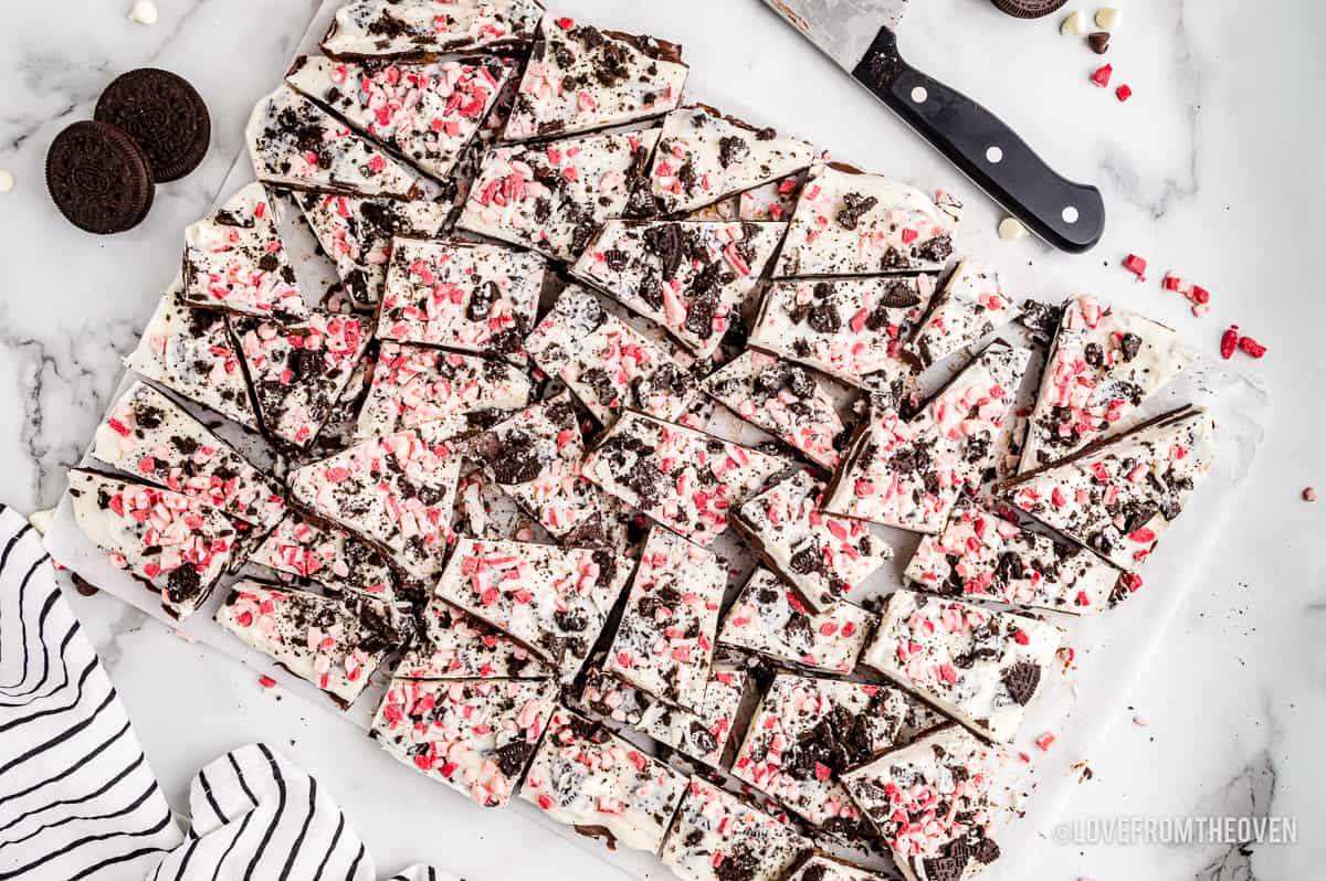 An overhead photo of peppermint bark cut into pieces.