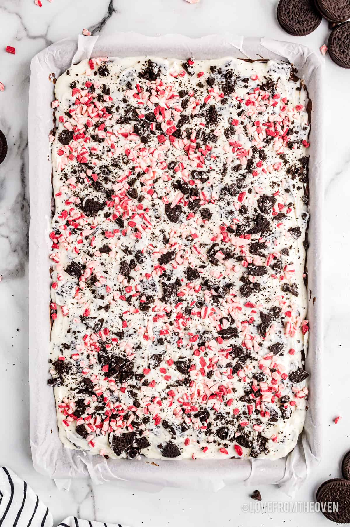 A tray of peppermint bark.