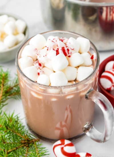 A glass mug full of peppermint hot chocolate