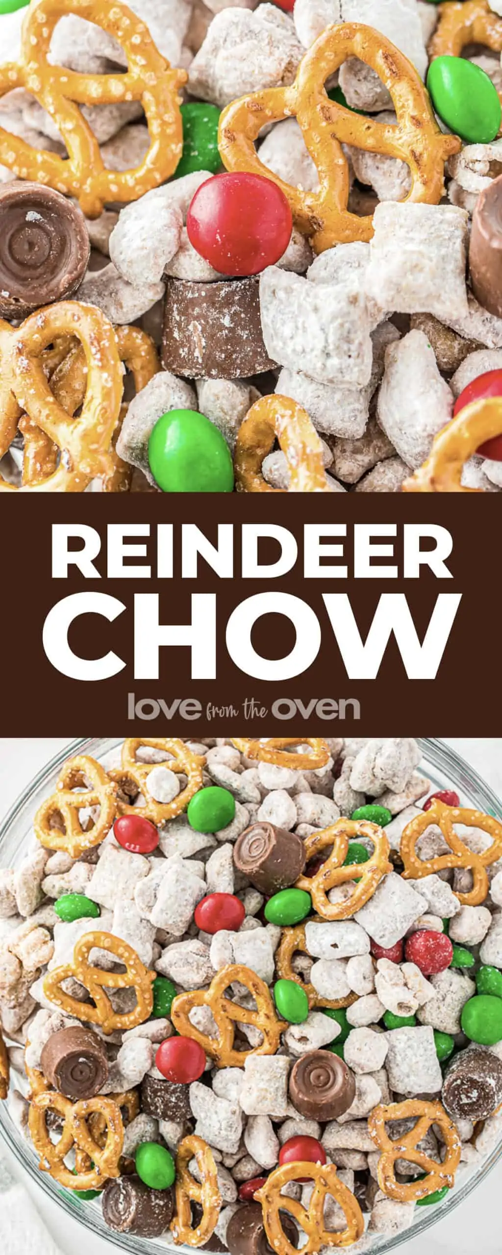A bowl of reindeer chow snack mix.