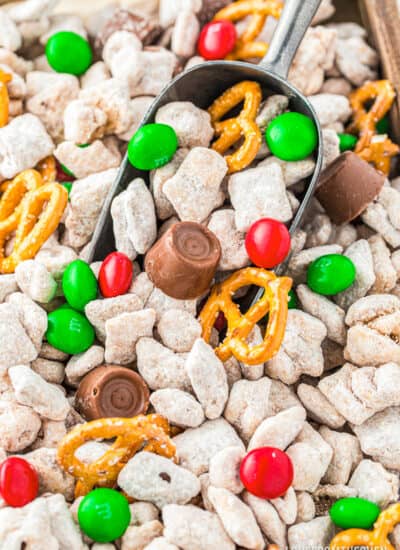 Close up photo of a muddy buddy reindeer chow chex mix.