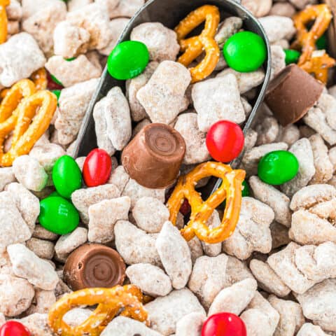 Close up photo of a muddy buddy reindeer chow chex mix.