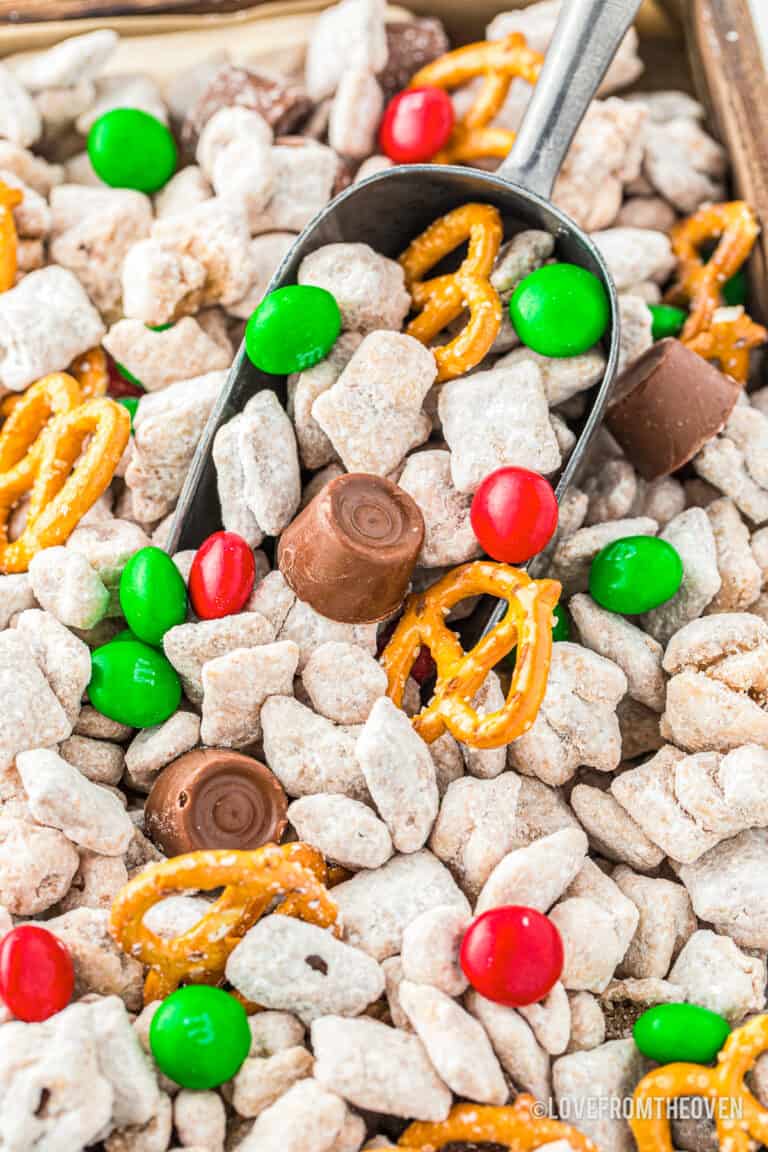 Close up photo of a muddy buddy reindeer chow chex mix.