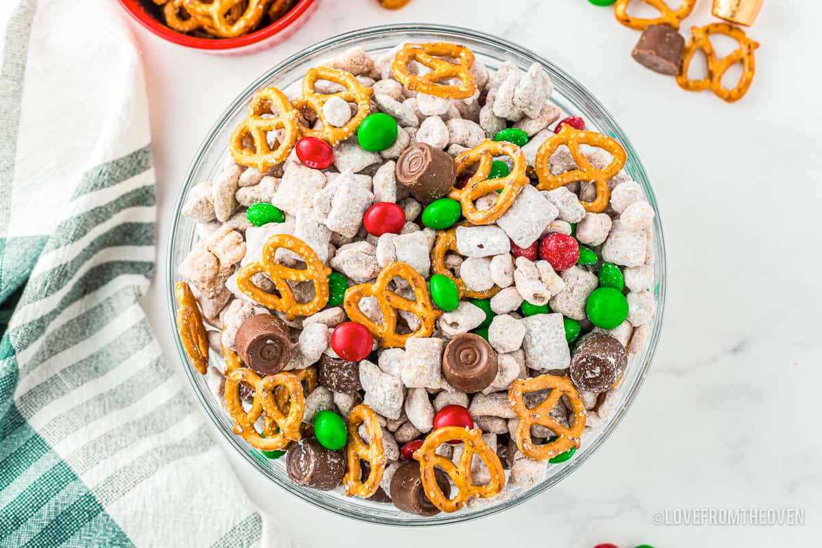 Overhead photo of a bowl of muddy buddies.