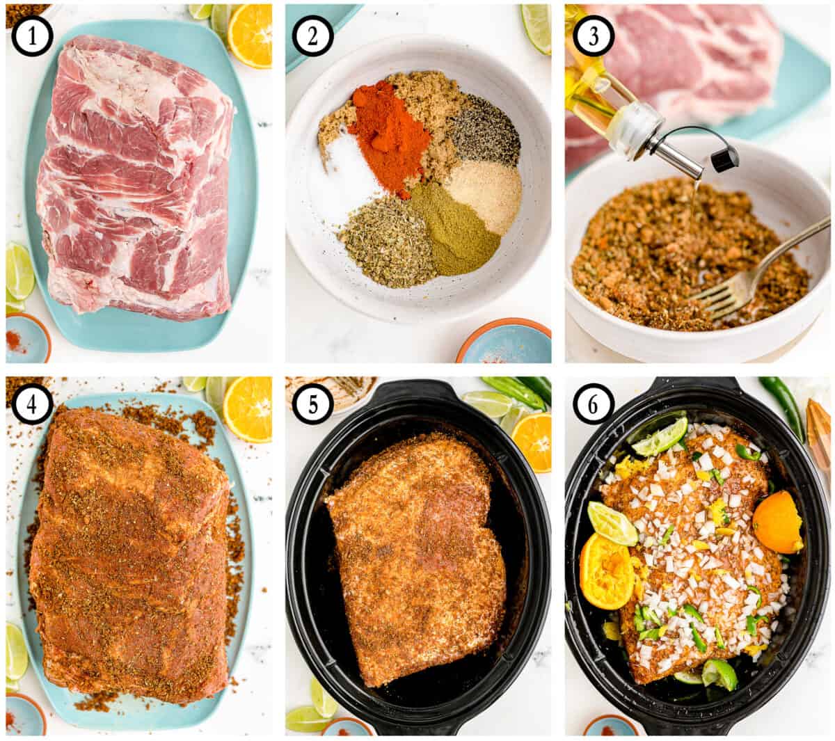 step by step photos showing how to make pork carnitas in a crockpot