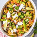 A pan full of chicken nachos