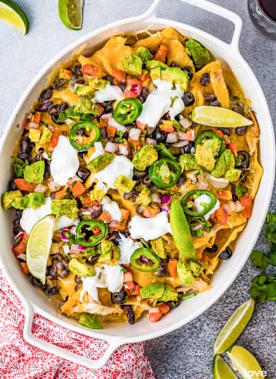 A pan full of chicken nachos