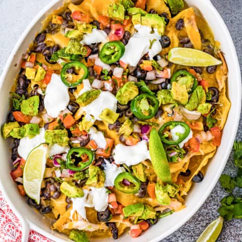 A pan full of chicken nachos