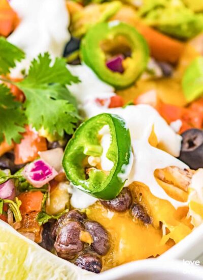 A close up photo of chicken nachos