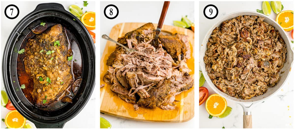 step by step photos showing how to make pork carnitas in a crockpot