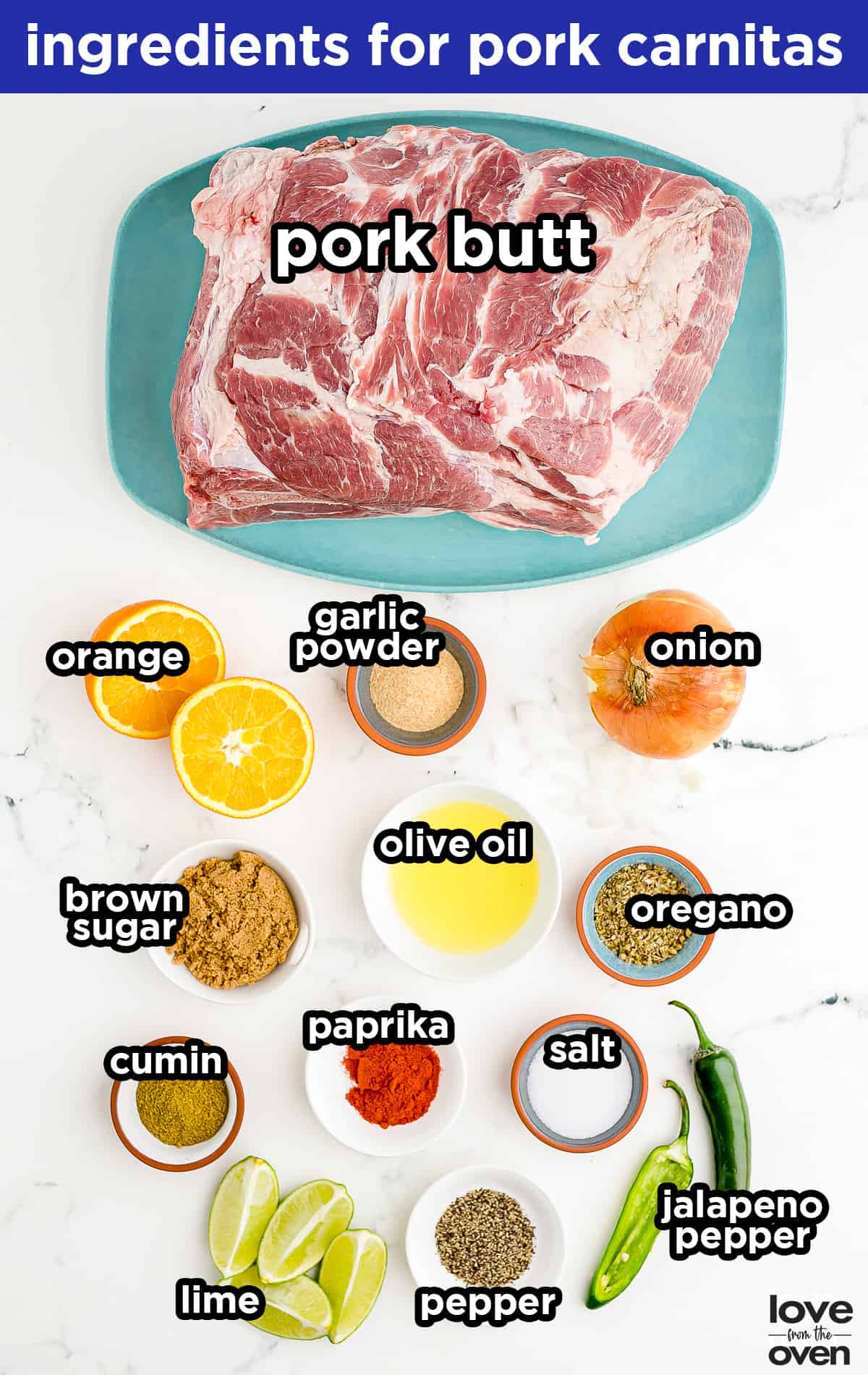 ingredients for pork carnitas on a white background
