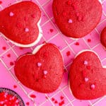 Red velvet whoopie pies on pink background